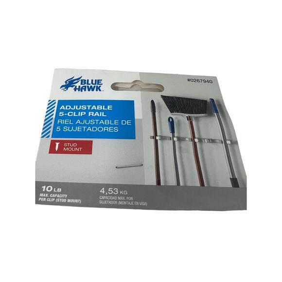 Set of 2 Blue Hawk Adjustable 5 Clip Wall Mounted Rail for Garden Cleaning Tools - Picture 2 of 3